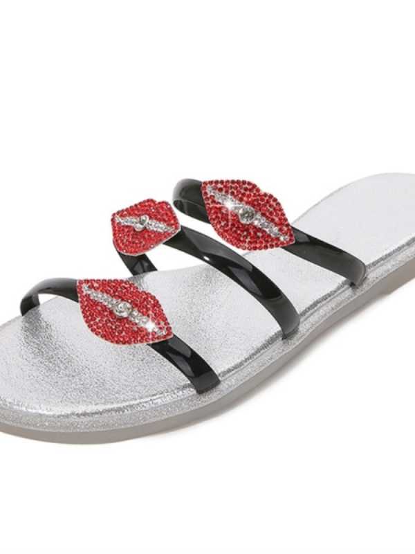 Fashion Sexy Red Lips Rehinestone Slides Outside Women's Leisure Flip Flops Flat Heels Charming Beach Sandals Ladies Slippers