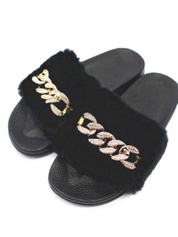 Summer Models Chain Flash Drill Hair Female Comfort Slippers Indoor And Outdoor Non slip Warm Word Slippers Beach Sandals