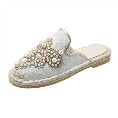New Woman's Pearl Fashion Women's Slippers Loafers Ladies Ethnic Flats Round Toe Female Slides Comfortable Women's Walking Shoes