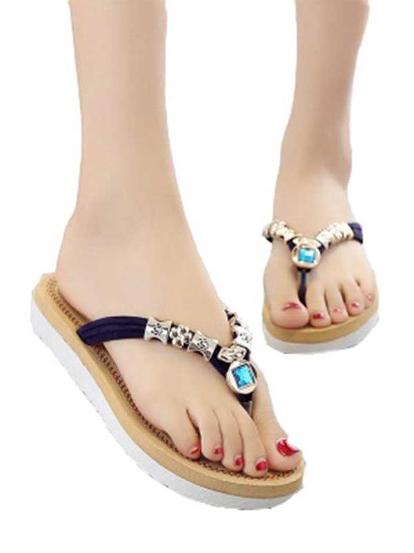 New Women's Sandals Summer Flat ToedFlat Sandals With Sandals And Slippers Beaded Diamond Flip Flops Beach Shoes Bohemia