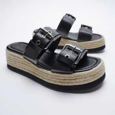 2022 Black Genuine Leather Wedges Platform Sandals For Women Summer Casual Belt Buckle Espadrilles High Heels Shoes