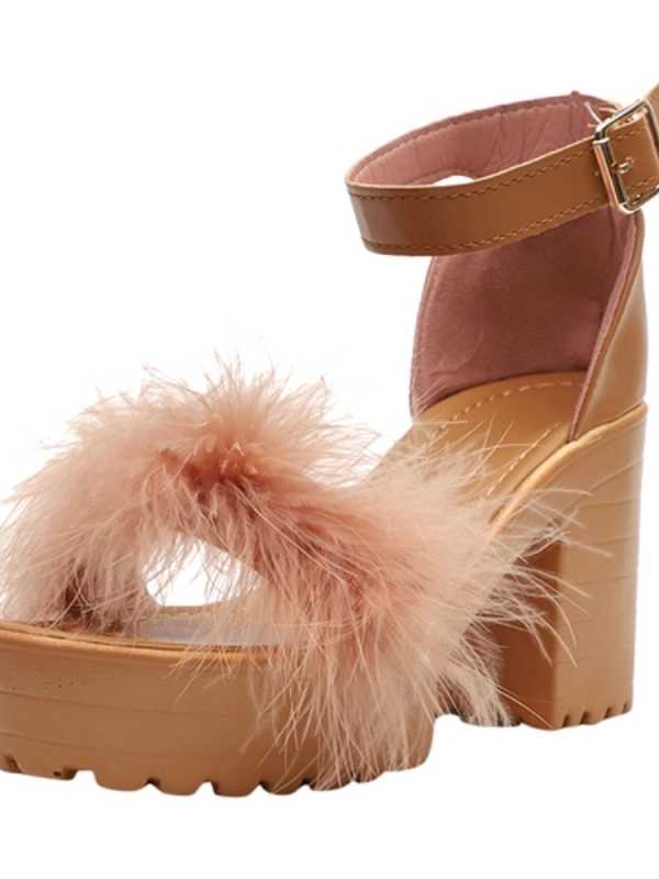 Women Furry Sandals High Heels Platform Pumps Ankle Strap Wedge Lace Up Shoes