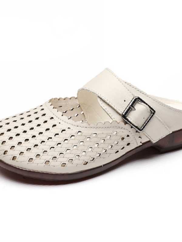 2021 Brand Design Genuine Leather Wrap Toes Slippers Women's Buckle Flat With Shoes Woman Retro Casual Outside Slides