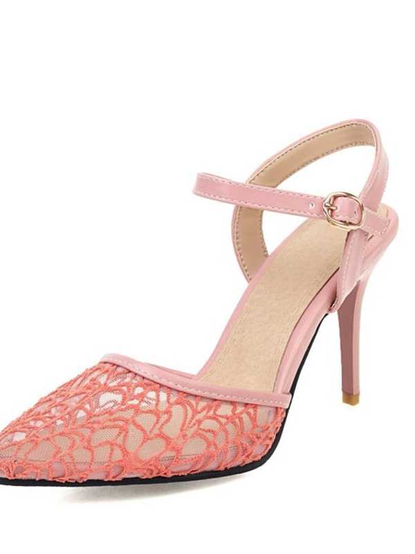 2021 Summer Fashion Women High Heels Slingback Sandals Pointed Toe Mesh Lace Sandals Hollow out Big Size Female Party Shoes