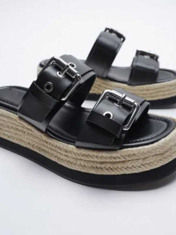 2022 Black Genuine Leather Wedges Platform Sandals For Women Summer Casual Belt Buckle Espadrilles High Heels Shoes