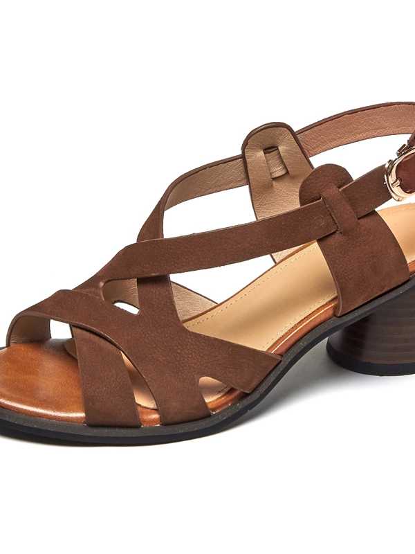 Fashion Round Heels Brown Genuine Leather High Heels Sandals Women Summer Casual Shoes Sandales Femmes 2021 Sandalias Mujer