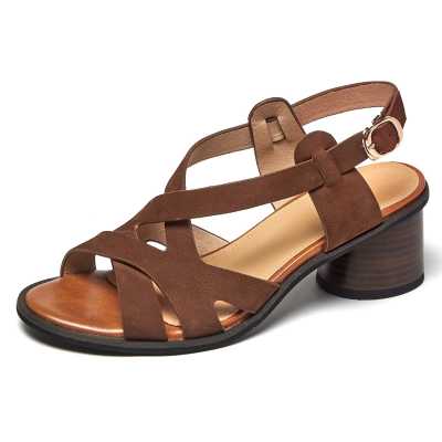 Fashion Round Heels Brown Genuine Leather High Heels Sandals Women Summer Casual Shoes Sandales Femmes 2021 Sandalias Mujer