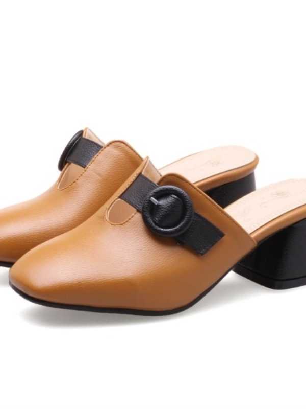 fanyuan Ladies Shoe Square Head Color Matching Shallow Mouth Metal Decoration Thick Heel Female Shoe Plus Size