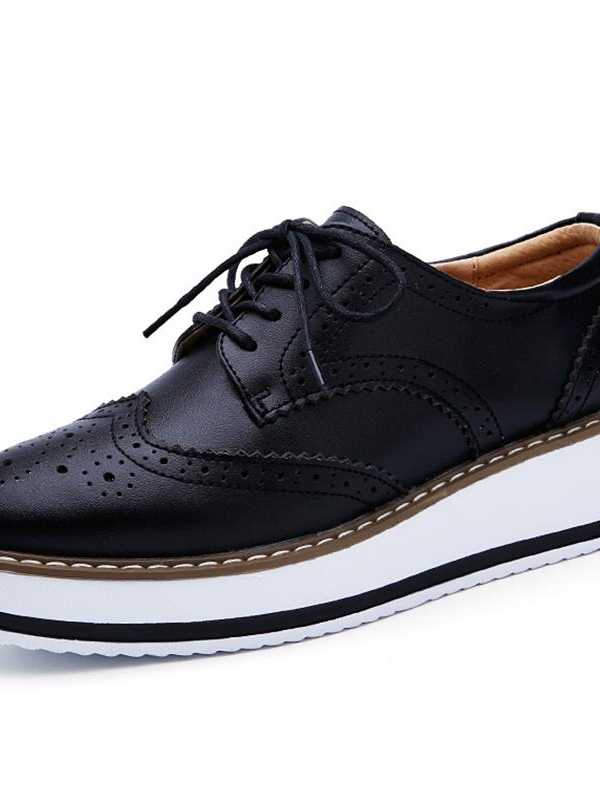 Genuine Leather Shoes Women Flats Oxford Lace Up Striped Platform White Black Fashion Vintage Platform Brogue Shoes Woman